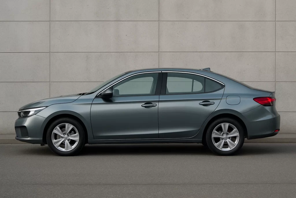 Grijze auto geparkeerd langs een gebouw.