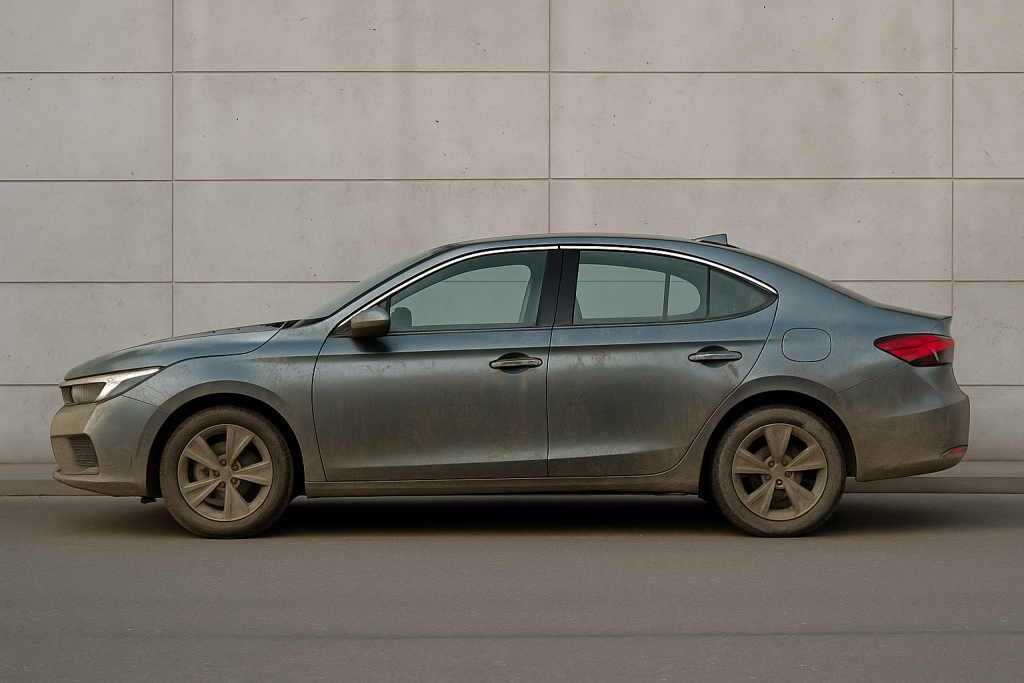 Vieze grijze auto geparkeerd langs een gebouw.